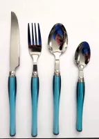 24 Pc Blue Plastic Handle Stainless Steel Flatware Set