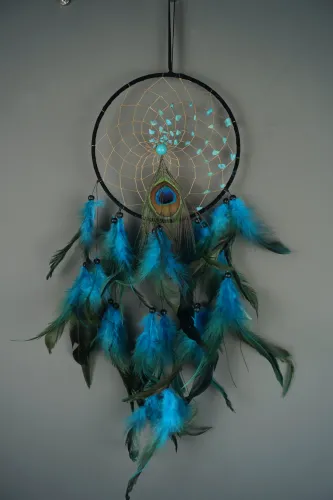 7" Black Dream Catcher with Peacock & Blue Feather